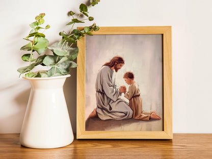 Bible Wall Art, Modern Christian Art, Jesus and child kneeling, Jesus Portrait, LDS Art, Jesus and child Holding Hands