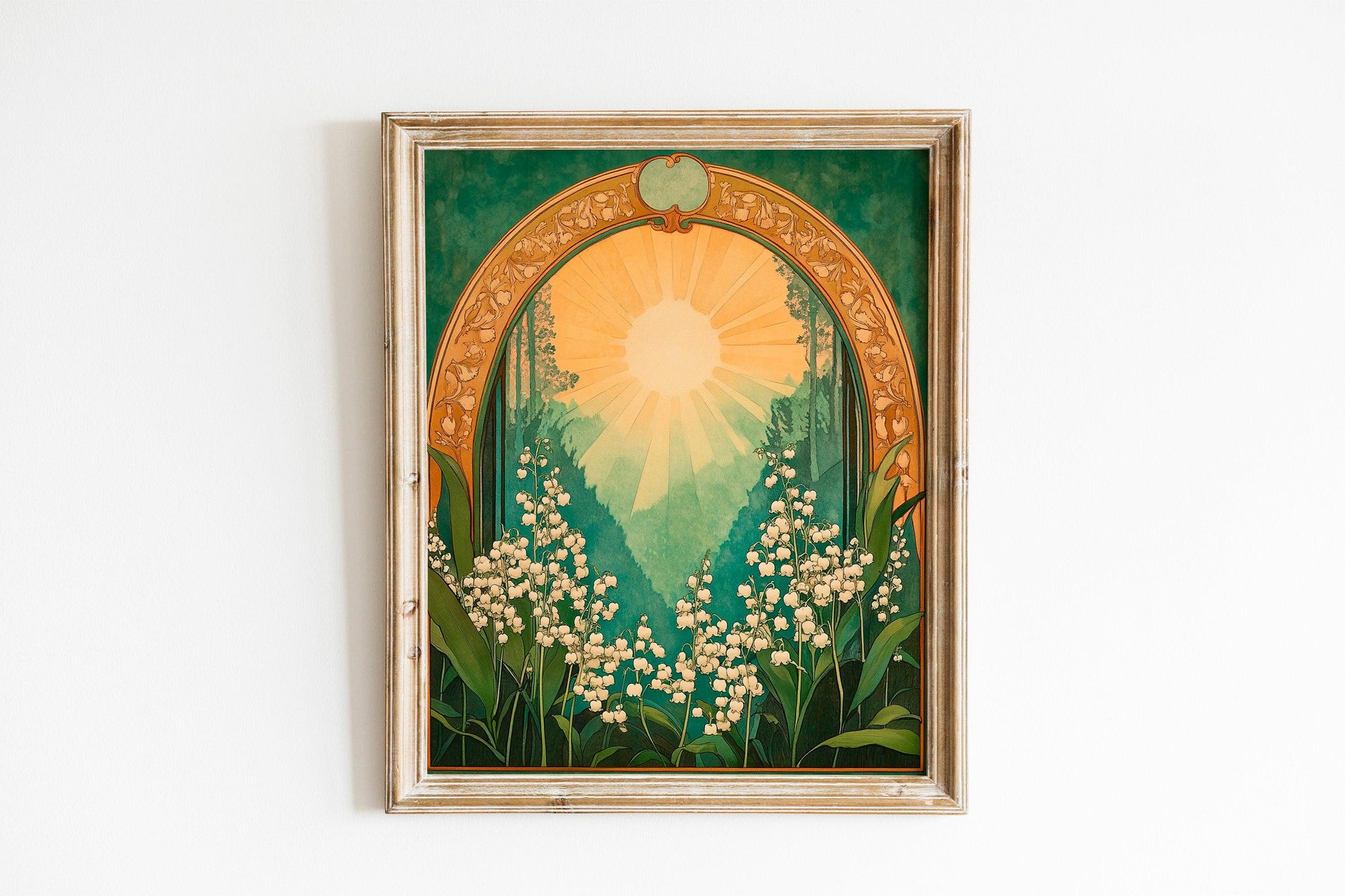 Lily of the Valley Emerald Green Sun Folk Art Poster, Mystical Spiritual Print, Taurus Sign, Botanical and Flowery Wall Art for a Boho