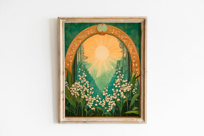 Lily of the Valley Emerald Green Sun Folk Art Poster, Mystical Spiritual Print, Taurus Sign, Botanical and Flowery Wall Art for a Boho