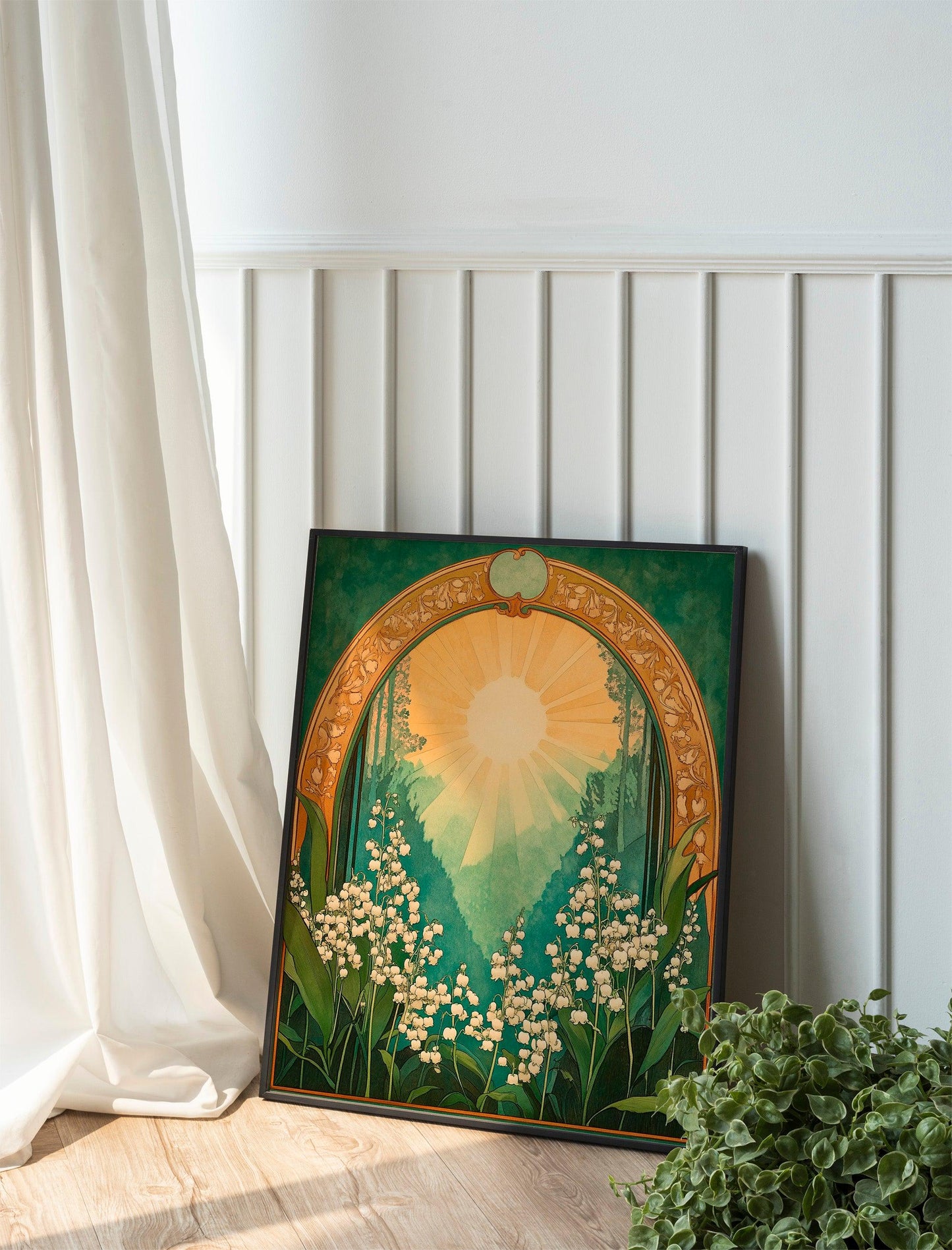 Lily of the Valley Emerald Green Sun Folk Art Poster, Mystical Spiritual Print, Taurus Sign, Botanical and Flowery Wall Art for a Boho