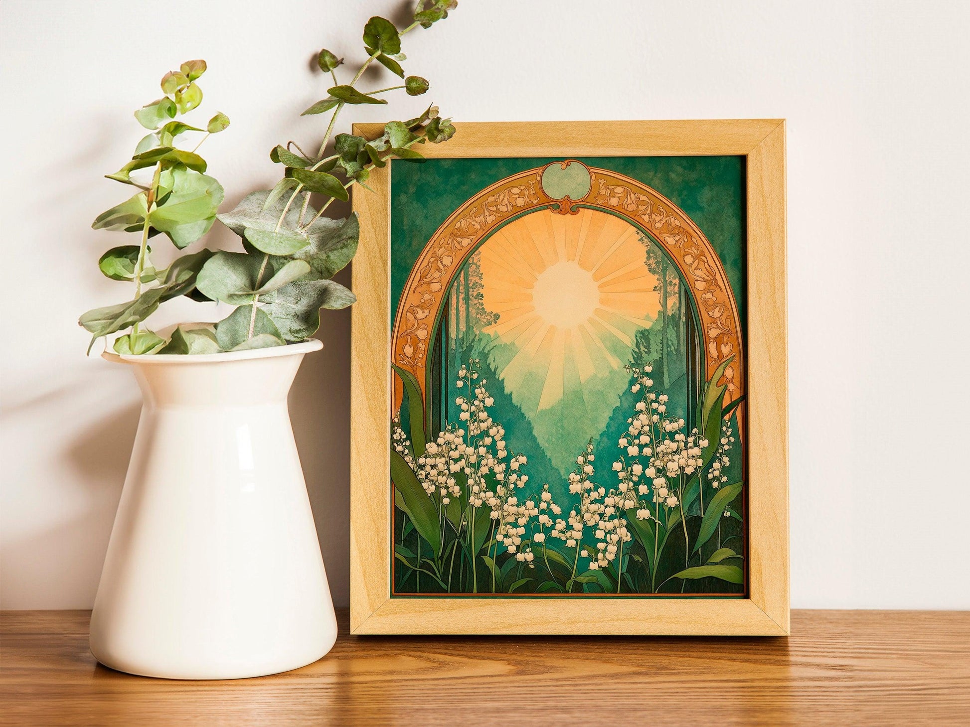 Lily of the Valley Emerald Green Sun Folk Art Poster, Mystical Spiritual Print, Taurus Sign, Botanical and Flowery Wall Art for a Boho