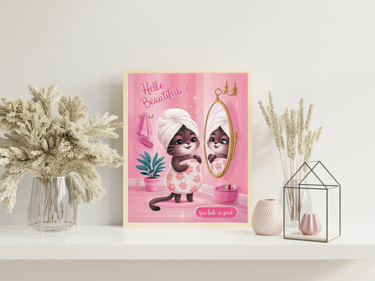 Girly pussy cat Self Love Wall Print, Positivity Hello Gorgeous Quote, Pink Retro Posters, Bathroom Y2K Poster Prints, Dorm Room Decor