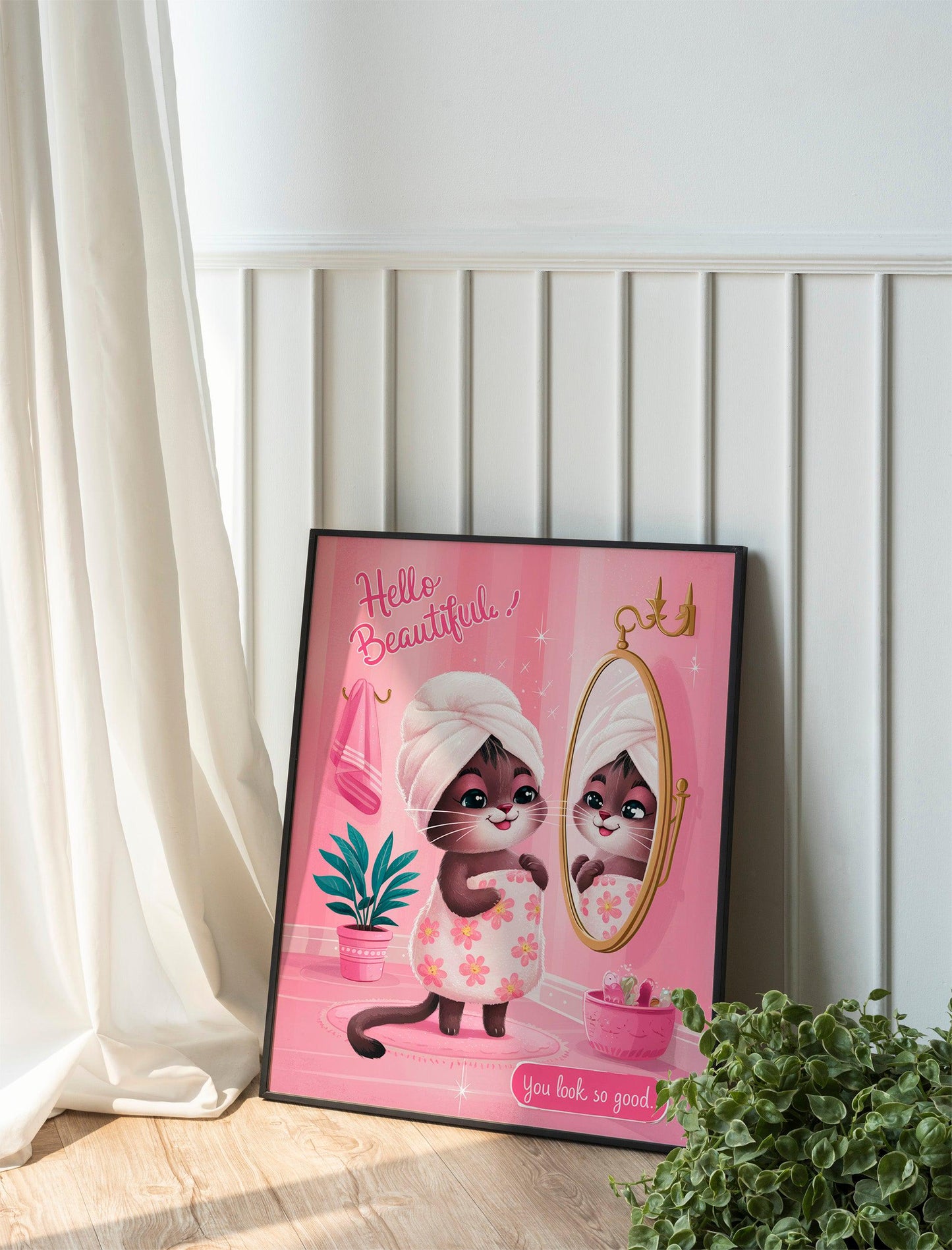 Girly pussy cat Self Love Wall Print, Positivity Hello Gorgeous Quote, Pink Retro Posters, Bathroom Y2K Poster Prints, Dorm Room Decor