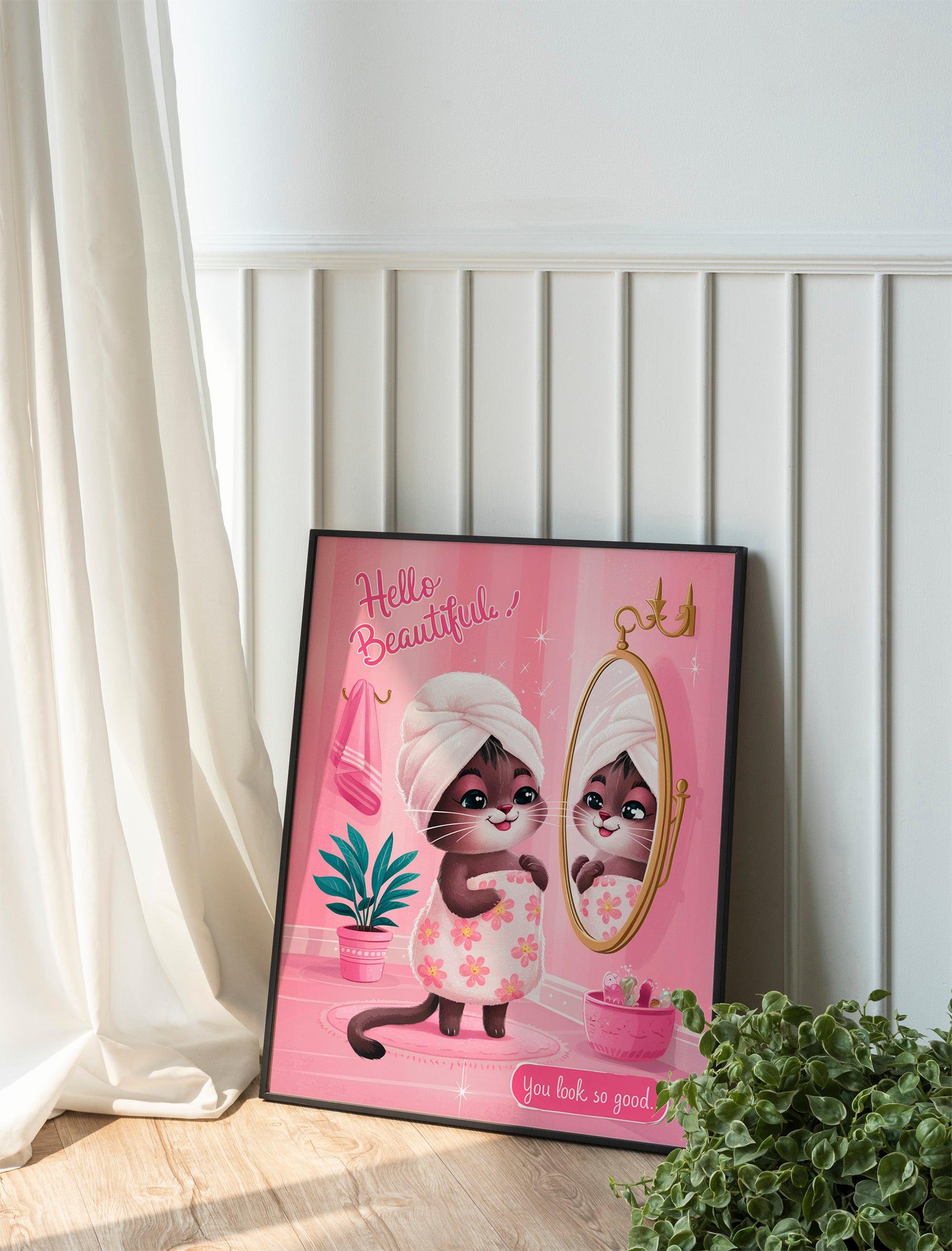 Girly pussy cat Self Love Wall Print, Positivity Hello Gorgeous Quote, Pink Retro Posters, Bathroom Y2K Poster Prints, Dorm Room Decor