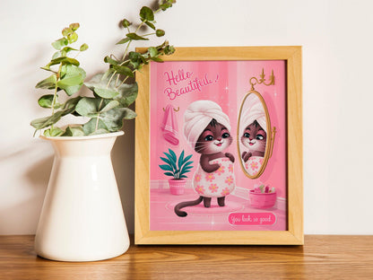 Girly pussy cat Self Love Wall Print, Positivity Hello Gorgeous Quote, Pink Retro Posters, Bathroom Y2K Poster Prints, Dorm Room Decor