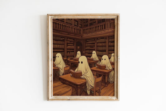 Ghosts in a Library Print, Moody Dark Academia Poster, Vintage Spooky Decor, Romantic Gothic Cottagecore Wall Art, Whimsical Reading Ghosts.