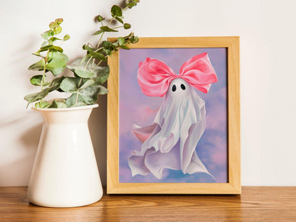 Pink Bow Ghost Halloween Print, Trendy Coquette Aesthetic, Preppy Cute Ghost Poster, Girly Room Wall Art, Playful Decor for Girls' Rooms or
