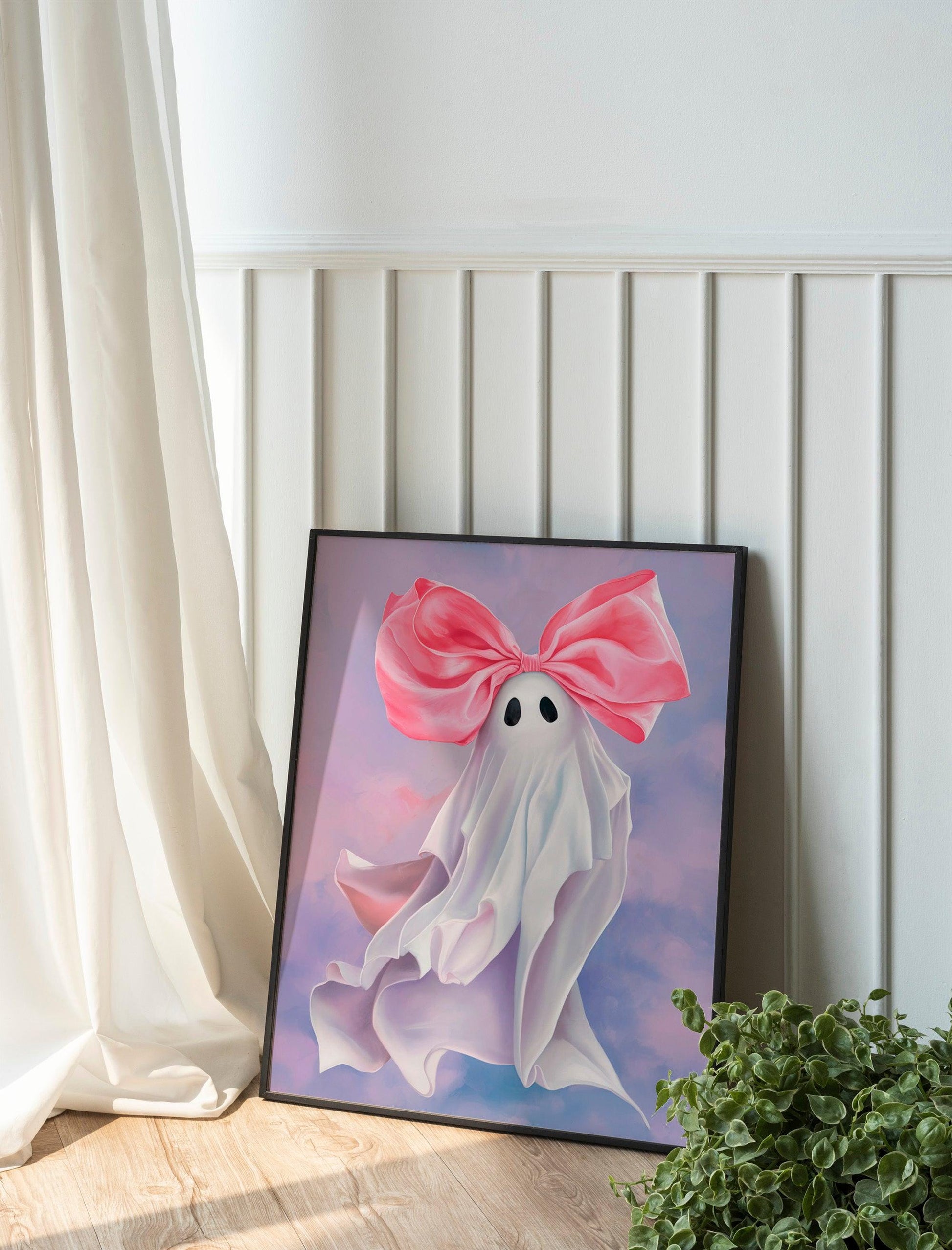 Pink Bow Ghost Halloween Print, Trendy Coquette Aesthetic, Preppy Cute Ghost Poster, Girly Room Wall Art, Playful Decor for Girls' Rooms or