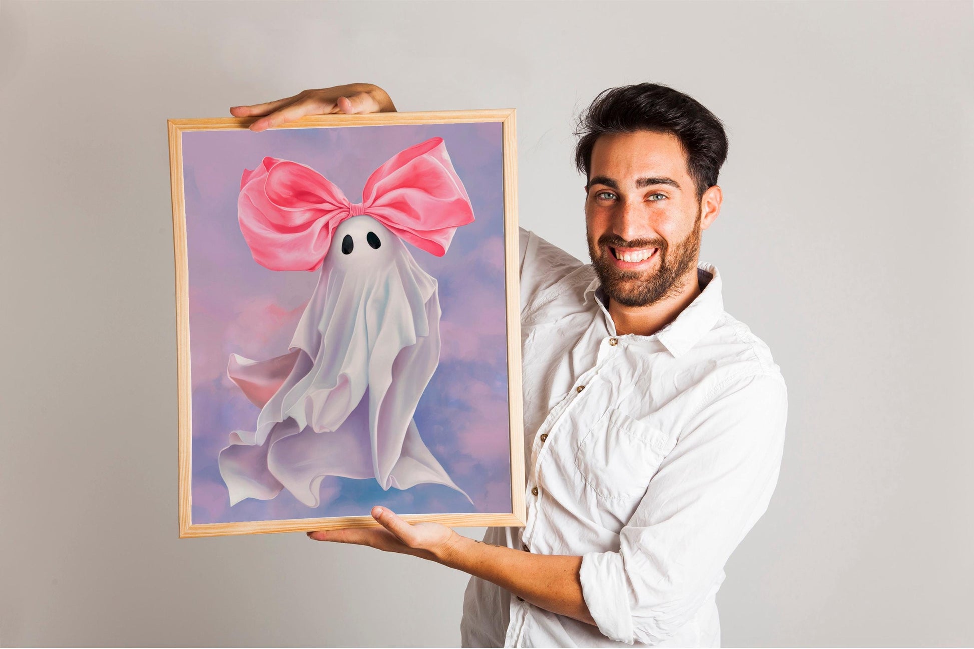 Pink Bow Ghost Halloween Print, Trendy Coquette Aesthetic, Preppy Cute Ghost Poster, Girly Room Wall Art, Playful Decor for Girls' Rooms or