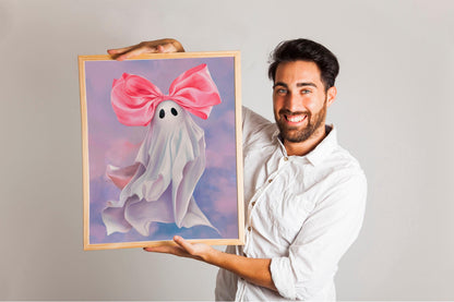 Pink Bow Ghost Halloween Print, Trendy Coquette Aesthetic, Preppy Cute Ghost Poster, Girly Room Wall Art, Playful Decor for Girls' Rooms or