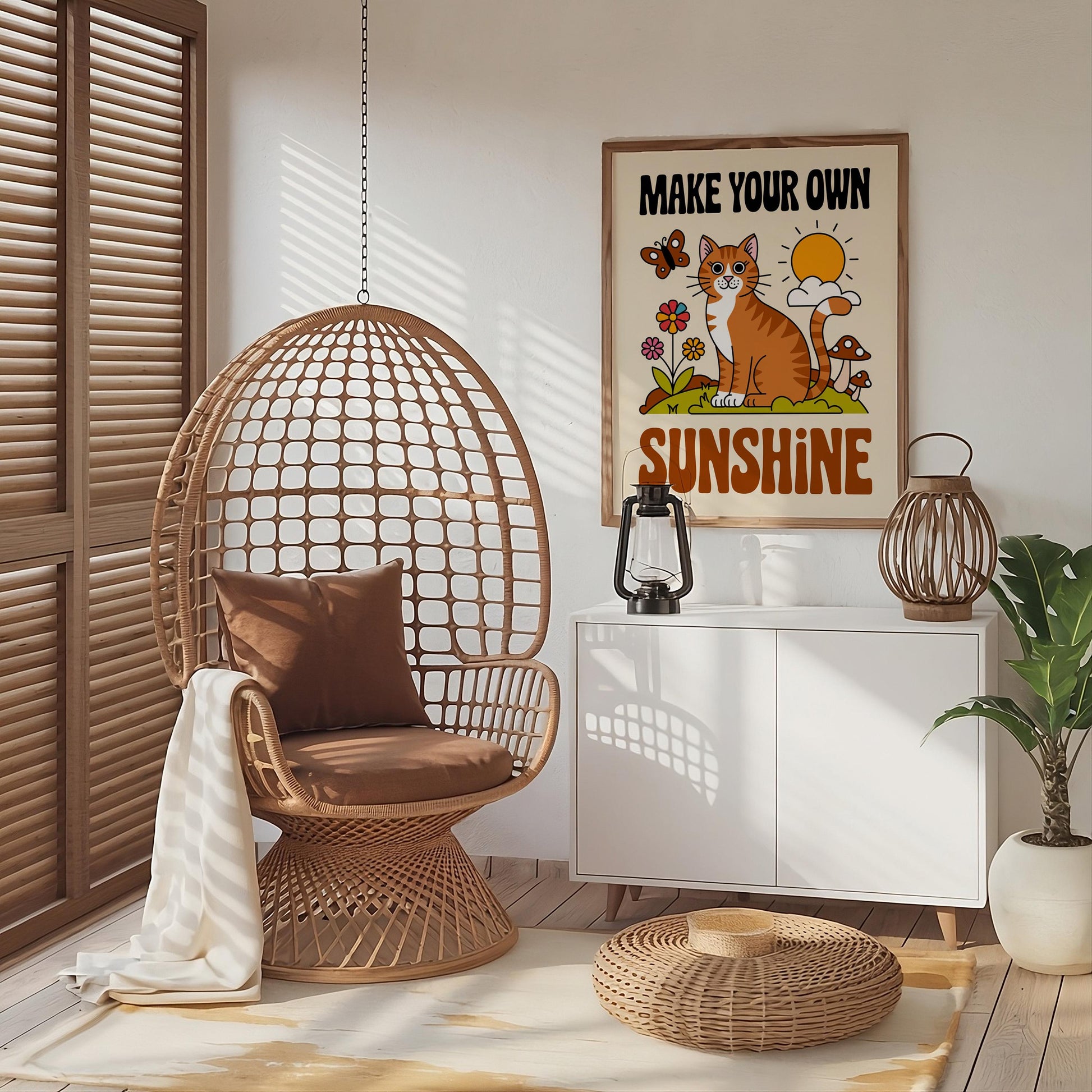Cute Cat Wall Print with 'Good Day' Quote, Adorable Kids Classroom Poster, Nursery Room Decor, Available in White, Black, Natural Wooden or