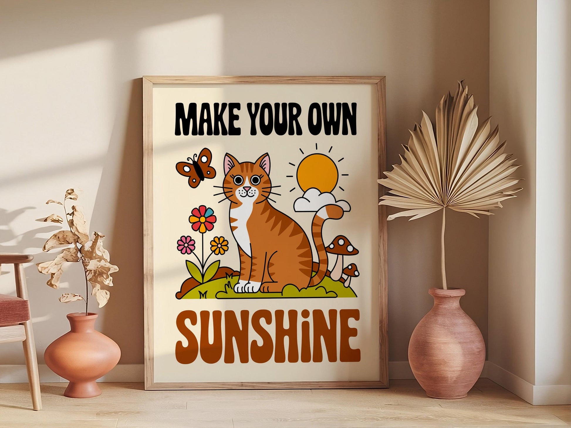 Cute Cat Wall Print with 'Good Day' Quote, Adorable Kids Classroom Poster, Nursery Room Decor, Available in White, Black, Natural Wooden or