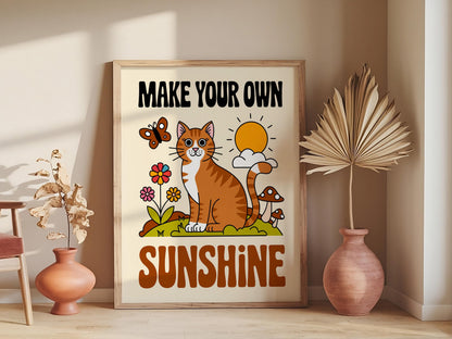 Cute Cat Wall Print with 'Good Day' Quote, Adorable Kids Classroom Poster, Nursery Room Decor, Available in White, Black, Natural Wooden or