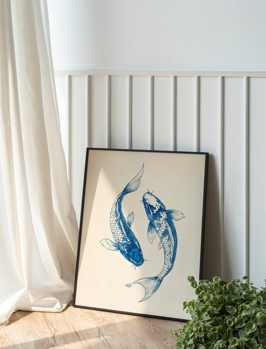 Blue Koi Fish Print, Japanese Vintage Wall Art, Trendy and Aesthetic Printable Poster, Perfect for Stylish Home and Office Decor