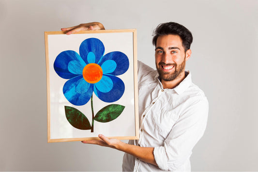 Blue Retro Flower Art Print, Large Floral Wall Decor, Vintage Flower Illustration, Perfect for Gallery Walls and Retro Home Decoration