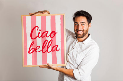 Ciao Bella Print, Trendy Italian Quote Typography Wall Art, Pink Retro Poster, Cute Digital Download, Perfect for Girly Room Decor and