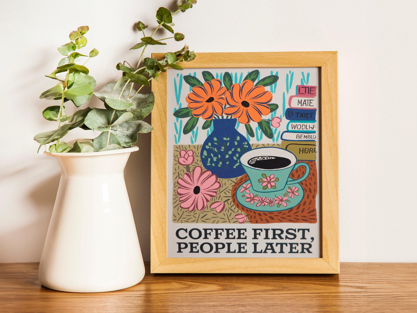 Coffee First Retro Wall Art, Perfect Downloadabl e Print for Maximalist Kitchen Decor or a Trendy Coffee Cart Gift for Friends