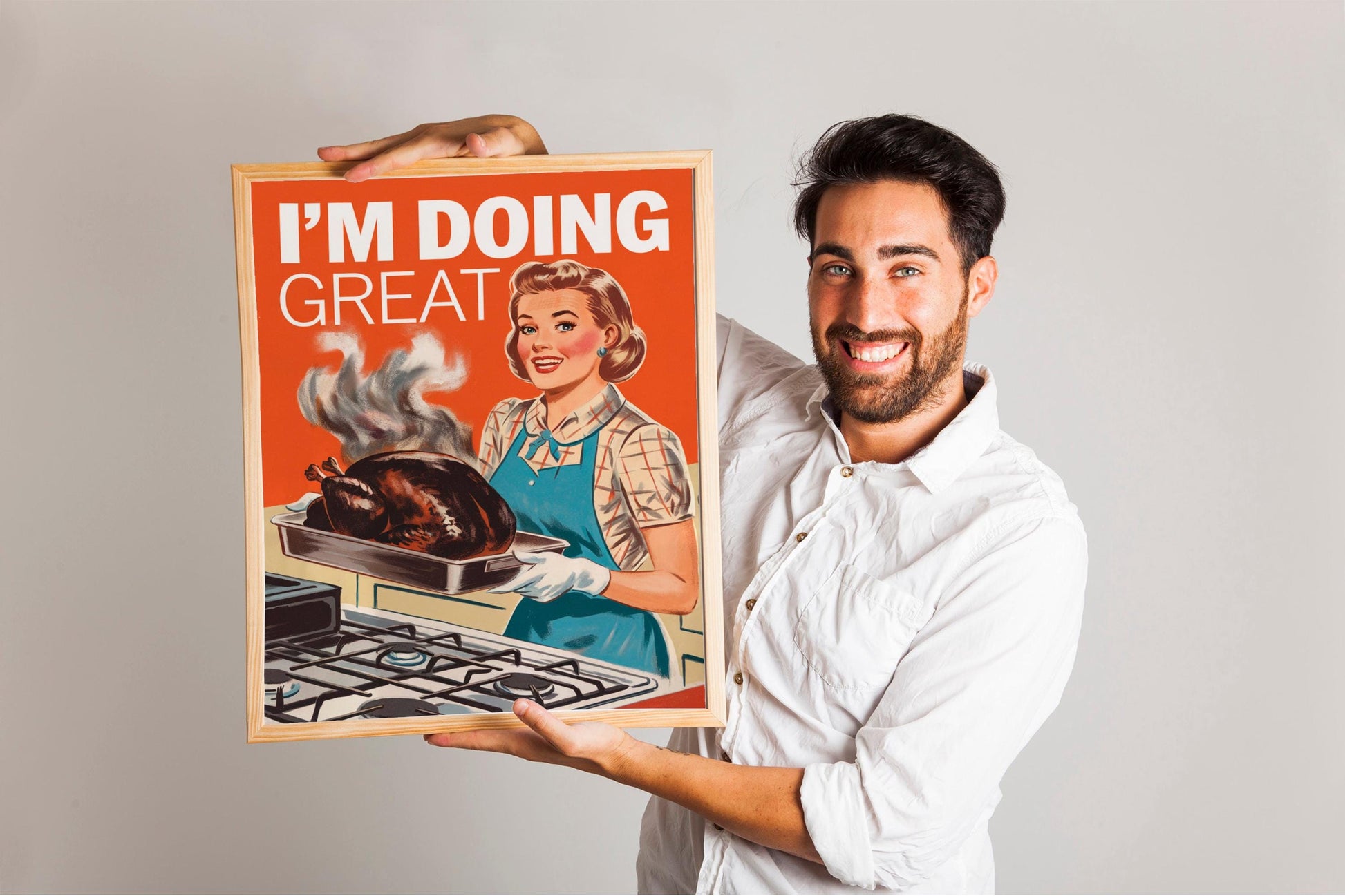 1950s Retro 'I'm doing great’ Kitchen Art, Vintage Poster Print, Humorous Housewife Cooking Disaster Illustration, Mid-Century Modern