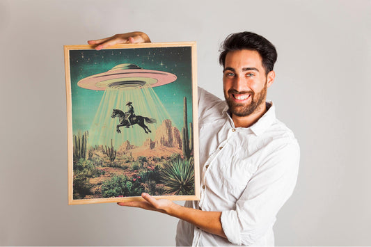 UFO Cowboy Fine Art, Western Americana Retro Sci-Fi Poster Print, Flying Saucer Alien Wall Art, Perfect for Horse Desert Floral Home Decor