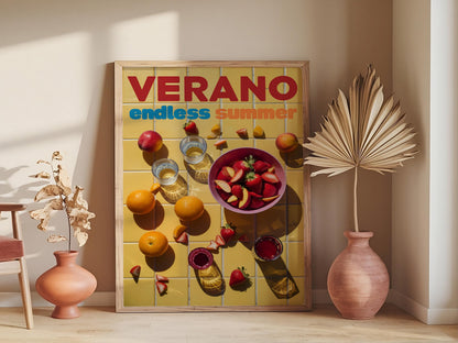Verano Retro Summer Wall Art Featuring 70s Orange Psychedelic Prints, Trendy Preppy Decor for Kitchen or Living Room Spaces