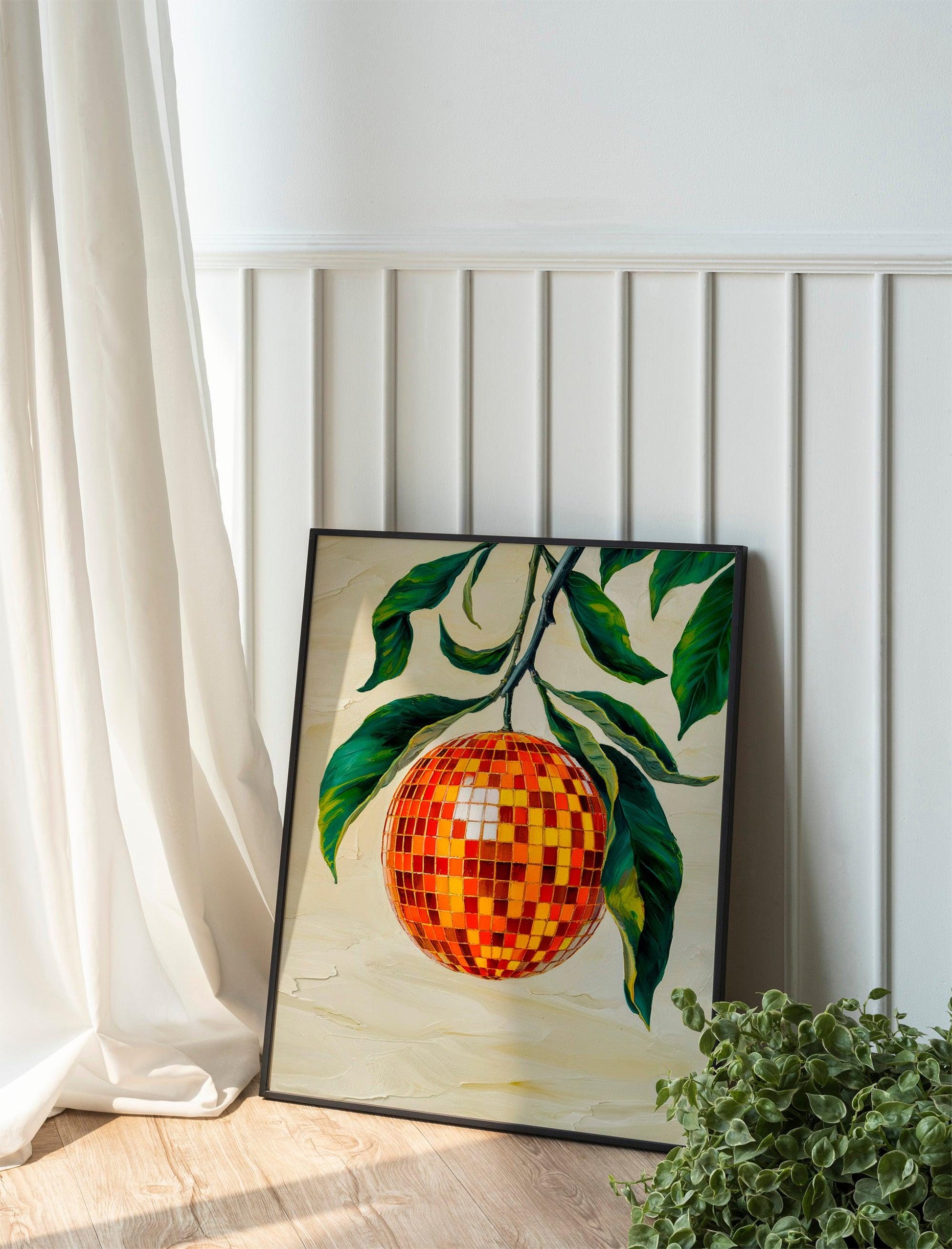 Retro Orange Disco Mirror Ball Print, Funky Citrus Fruit Art, Bar Cart Decor, Preppy Wall Art for Fun Home Spaces, Gift Idea for Trendy