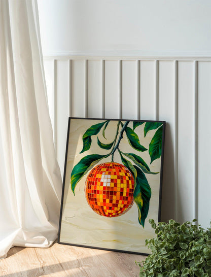 Retro Orange Disco Mirror Ball Print, Funky Citrus Fruit Art, Bar Cart Decor, Preppy Wall Art for Fun Home Spaces, Gift Idea for Trendy