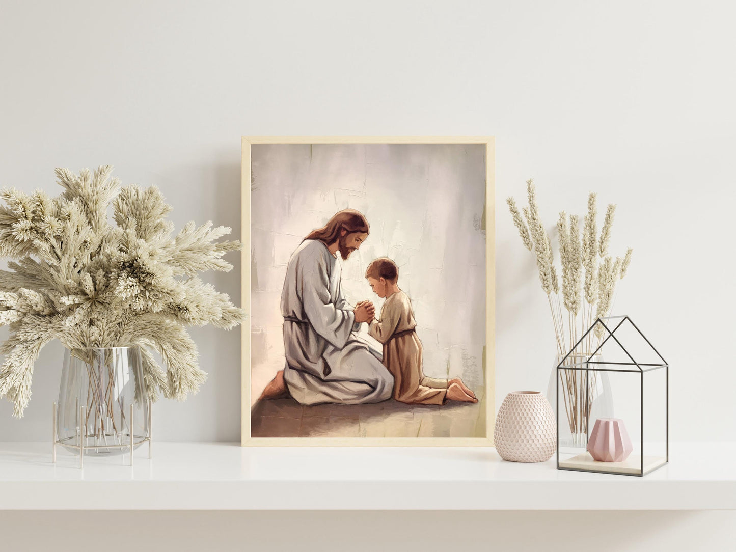 Bible Wall Art, Modern Christian Art, Jesus and child kneeling, Jesus Portrait, LDS Art, Jesus and child Holding Hands