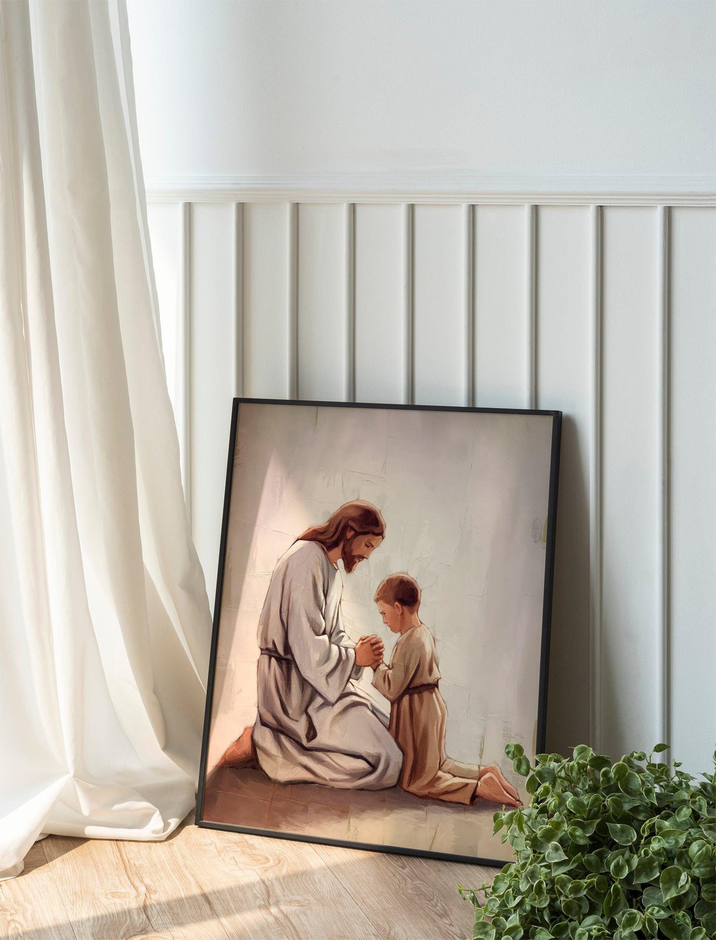 Bible Wall Art, Modern Christian Art, Jesus and child kneeling, Jesus Portrait, LDS Art, Jesus and child Holding Hands
