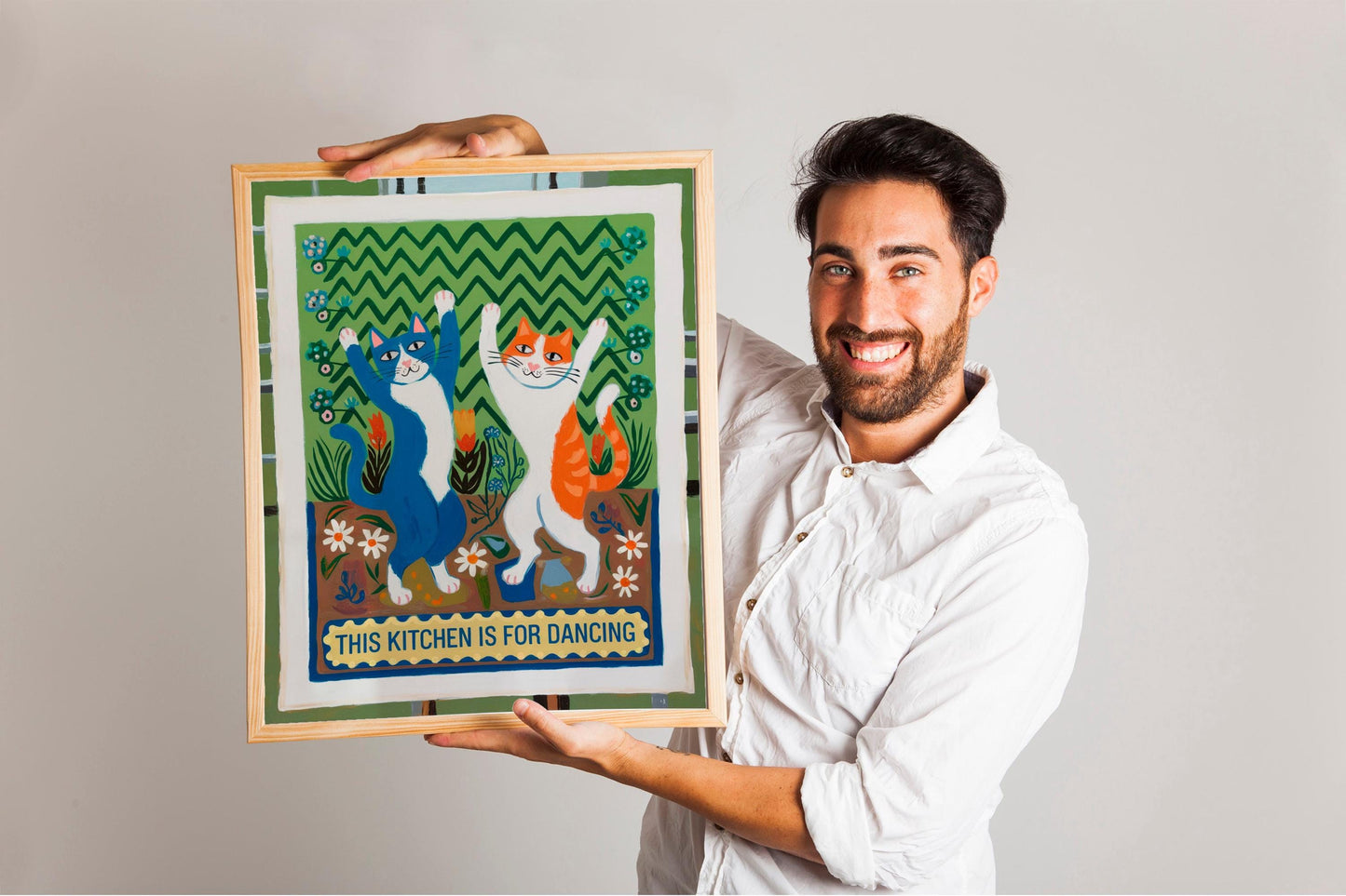 Dancing Cats Print, Black and Orange Cats, 'This Kitchen Is for Dancing' Poster, Funny Feline Wall Decor, HandDrawn Art for Kitchens TR017