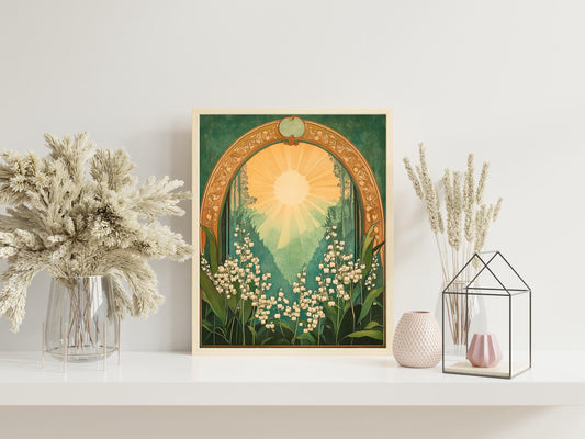 Lily of the Valley Emerald Green Sun Folk Art Poster, Mystical Spiritual Print, Taurus Sign, Botanical and Flowery Wall Art for a Boho