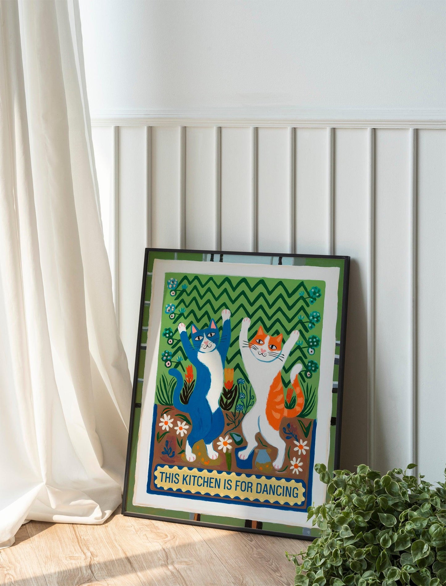 Dancing Cats Print, Black and Orange Cats, 'This Kitchen Is for Dancing' Poster, Funny Feline Wall Decor, HandDrawn Art for Kitchens TR017