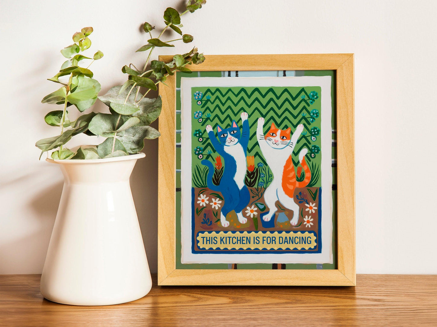 Dancing Cats Print, Black and Orange Cats, 'This Kitchen Is for Dancing' Poster, Funny Feline Wall Decor, HandDrawn Art for Kitchens TR017