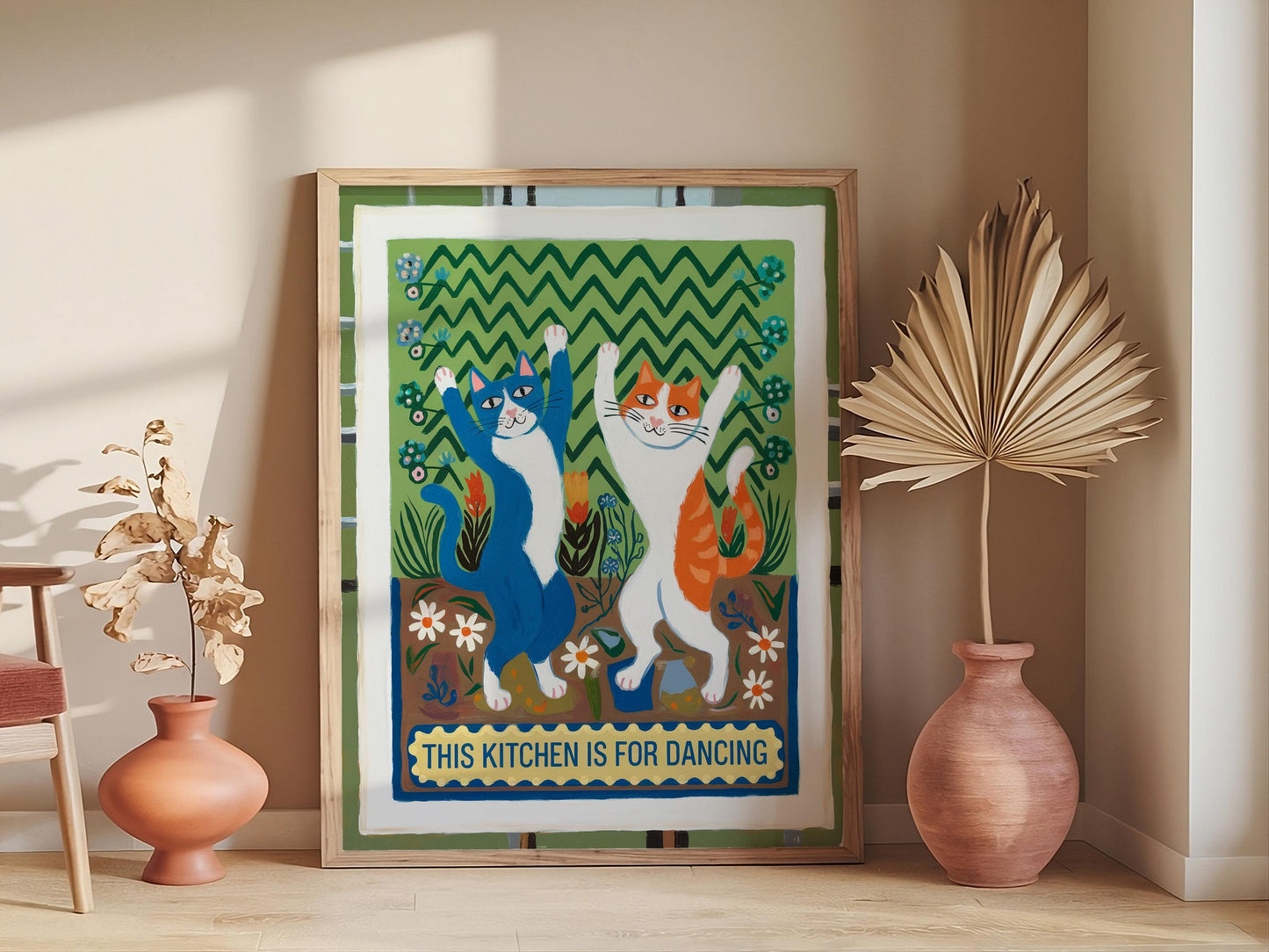 Dancing Cats Print, Black and Orange Cats, 'This Kitchen Is for Dancing' Poster, Funny Feline Wall Decor, HandDrawn Art for Kitchens TR017