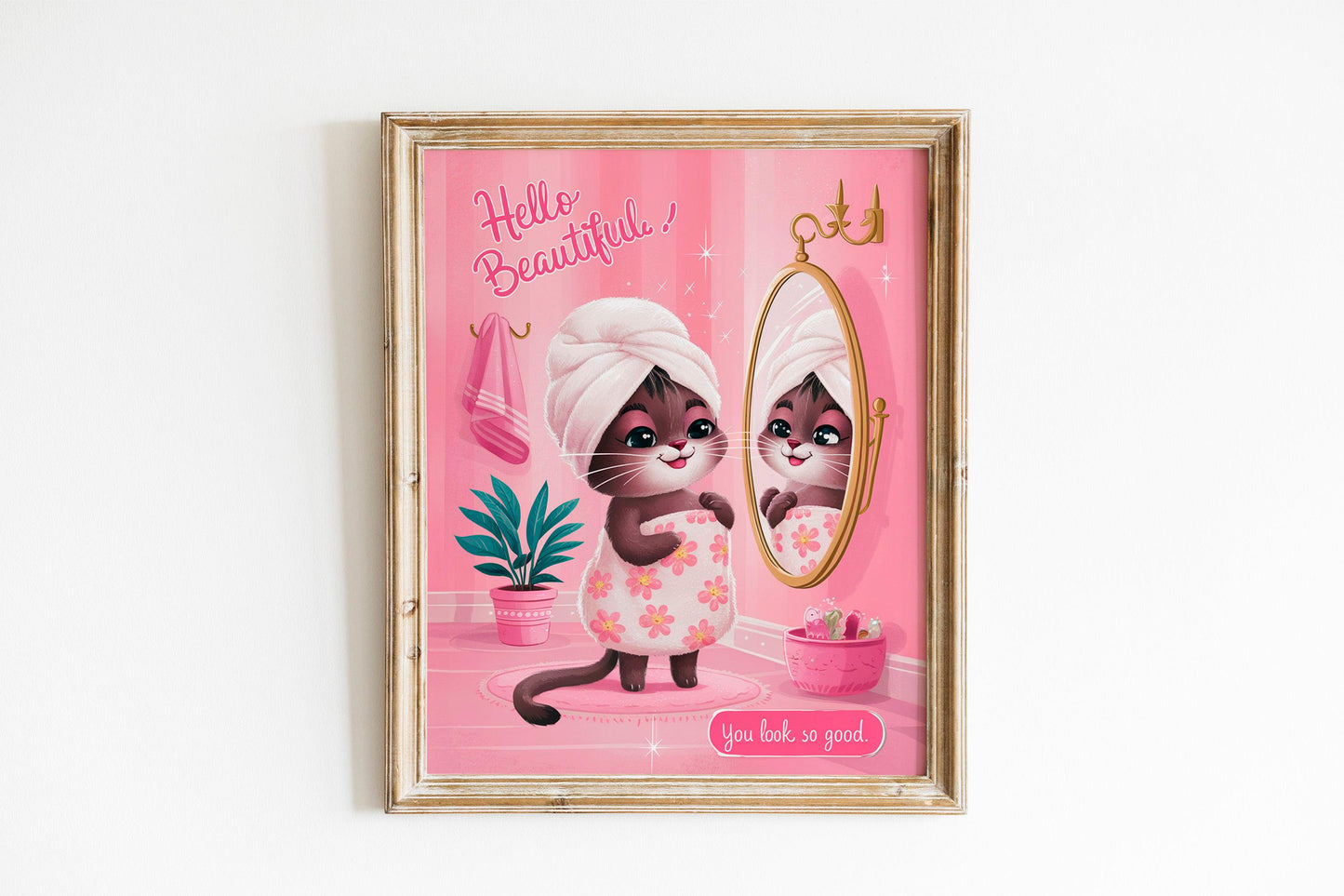Girly pussy cat Self Love Wall Print, Positivity Hello Gorgeous Quote, Pink Retro Posters, Bathroom Y2K Poster Prints, Dorm Room Decor