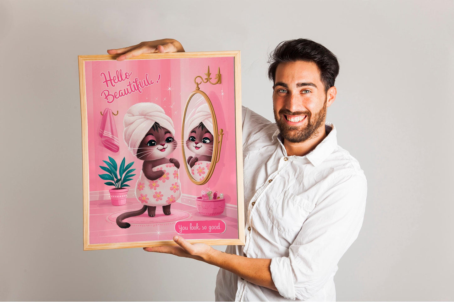 Girly pussy cat Self Love Wall Print, Positivity Hello Gorgeous Quote, Pink Retro Posters, Bathroom Y2K Poster Prints, Dorm Room Decor