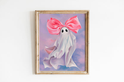 Pink Bow Ghost Halloween Print, Trendy Coquette Aesthetic, Preppy Cute Ghost Poster, Girly Room Wall Art, Playful Decor for Girls' Rooms or