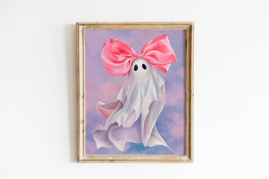 Pink Bow Ghost Halloween Print, Trendy Coquette Aesthetic, Preppy Cute Ghost Poster, Girly Room Wall Art, Playful Decor for Girls' Rooms or
