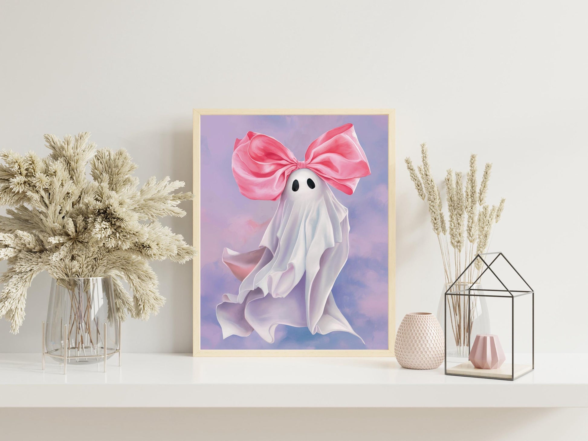 Pink Bow Ghost Halloween Print, Trendy Coquette Aesthetic, Preppy Cute Ghost Poster, Girly Room Wall Art, Playful Decor for Girls' Rooms or