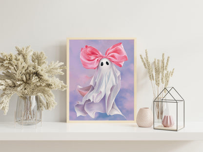 Pink Bow Ghost Halloween Print, Trendy Coquette Aesthetic, Preppy Cute Ghost Poster, Girly Room Wall Art, Playful Decor for Girls' Rooms or