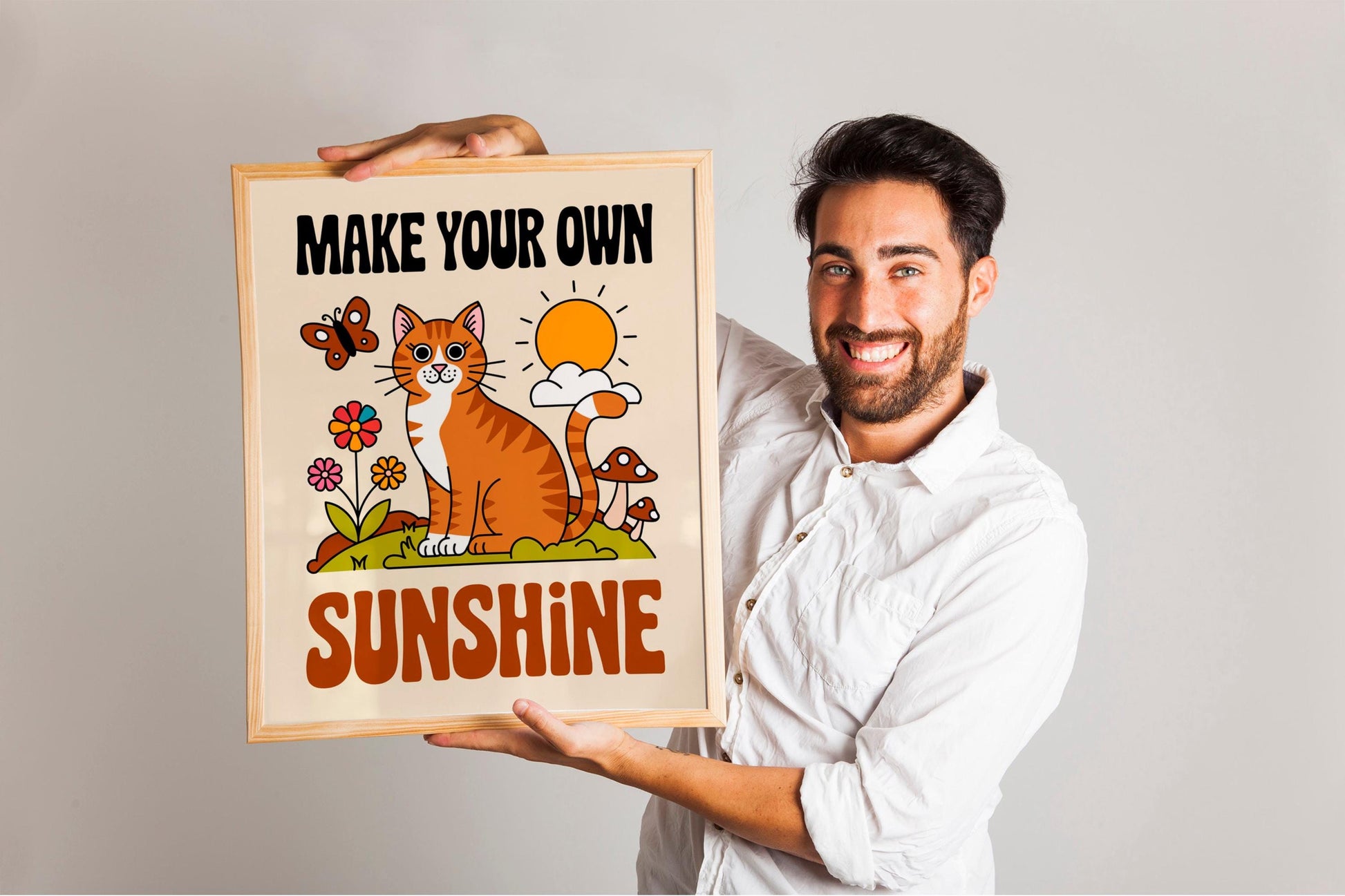 Cute Cat Wall Print with 'Good Day' Quote, Adorable Kids Classroom Poster, Nursery Room Decor, Available in White, Black, Natural Wooden or