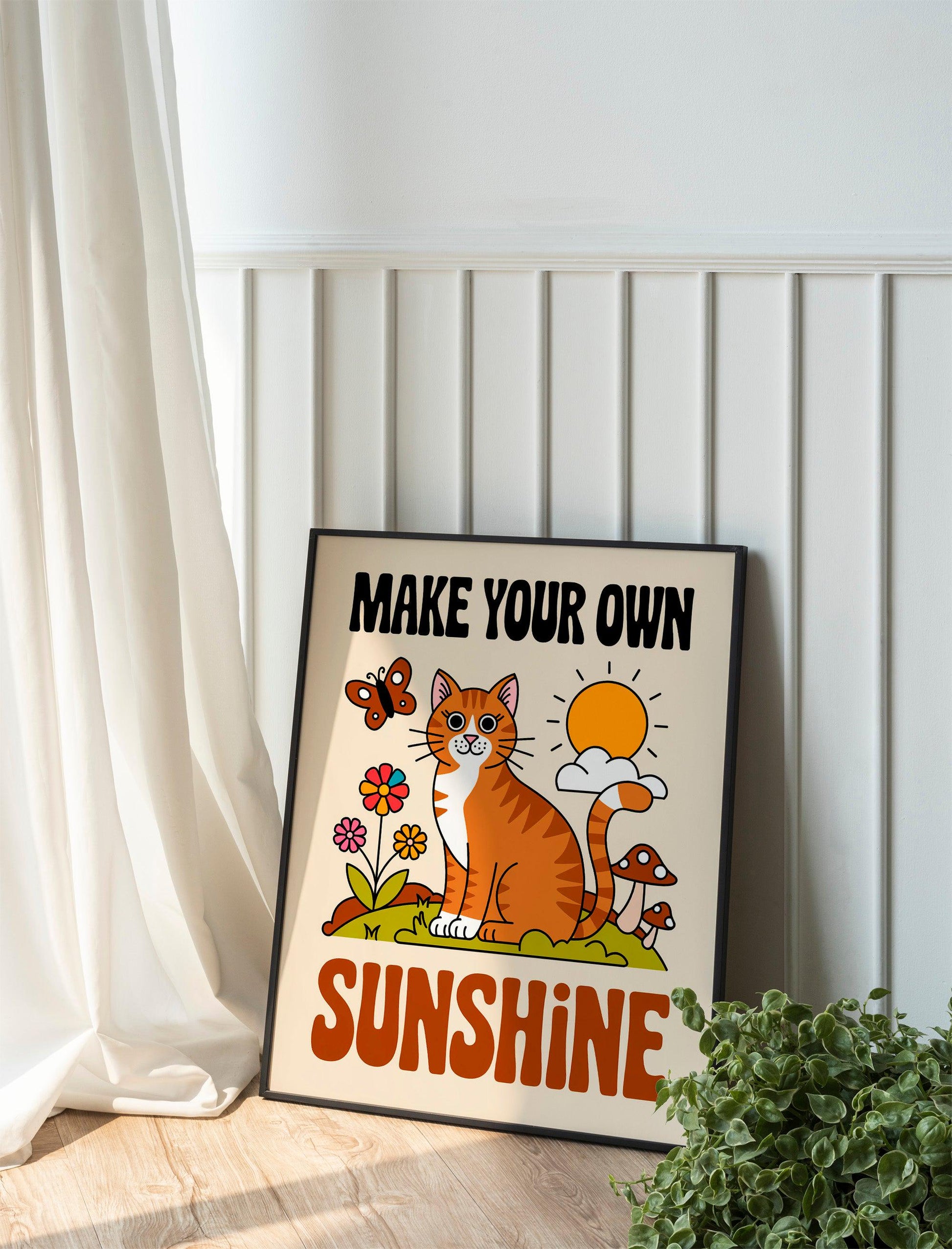 Cute Cat Wall Print with 'Good Day' Quote, Adorable Kids Classroom Poster, Nursery Room Decor, Available in White, Black, Natural Wooden or