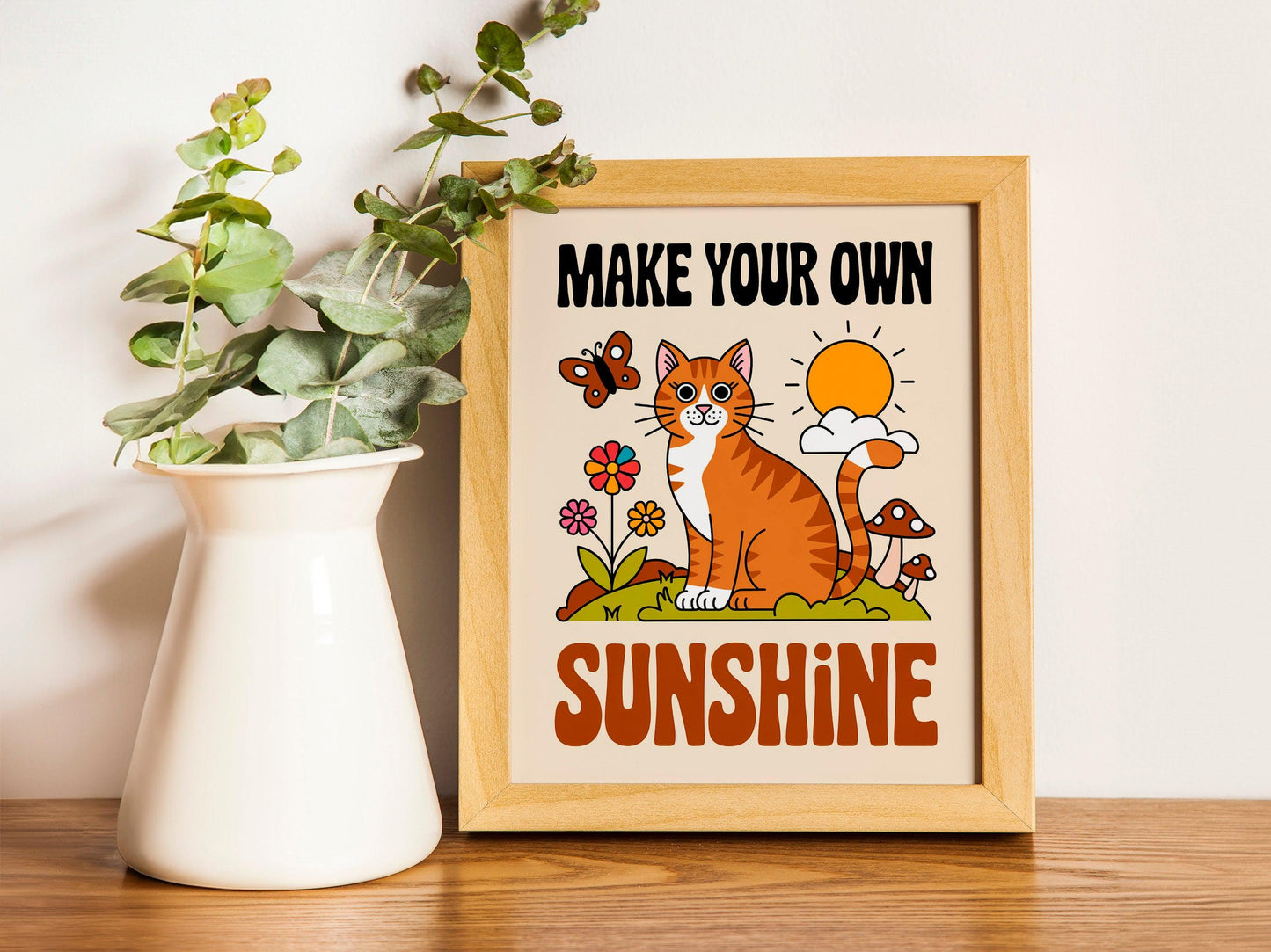 Cute Cat Wall Print with 'Good Day' Quote, Adorable Kids Classroom Poster, Nursery Room Decor, Available in White, Black, Natural Wooden or