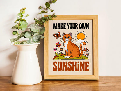 Cute Cat Wall Print with 'Good Day' Quote, Adorable Kids Classroom Poster, Nursery Room Decor, Available in White, Black, Natural Wooden or