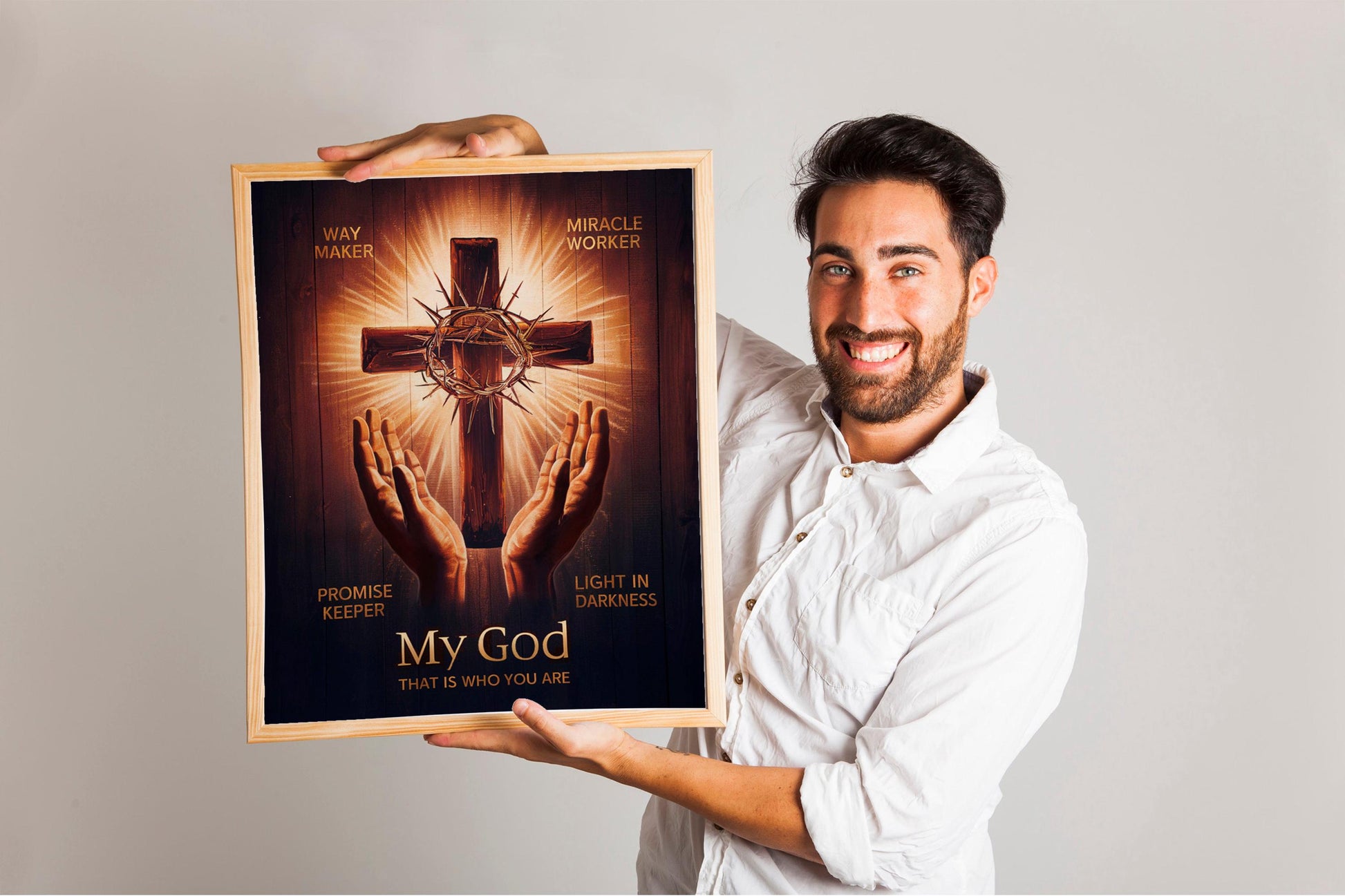 Way Maker Lyrics Wall Art - Inspirational Christian Artwork with Hands Shining Against a Dark Backdrop, Spiritual Home Decor to Enhance Any