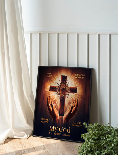 Way Maker Lyrics Wall Art - Inspirational Christian Artwork with Hands Shining Against a Dark Backdrop, Spiritual Home Decor to Enhance Any
