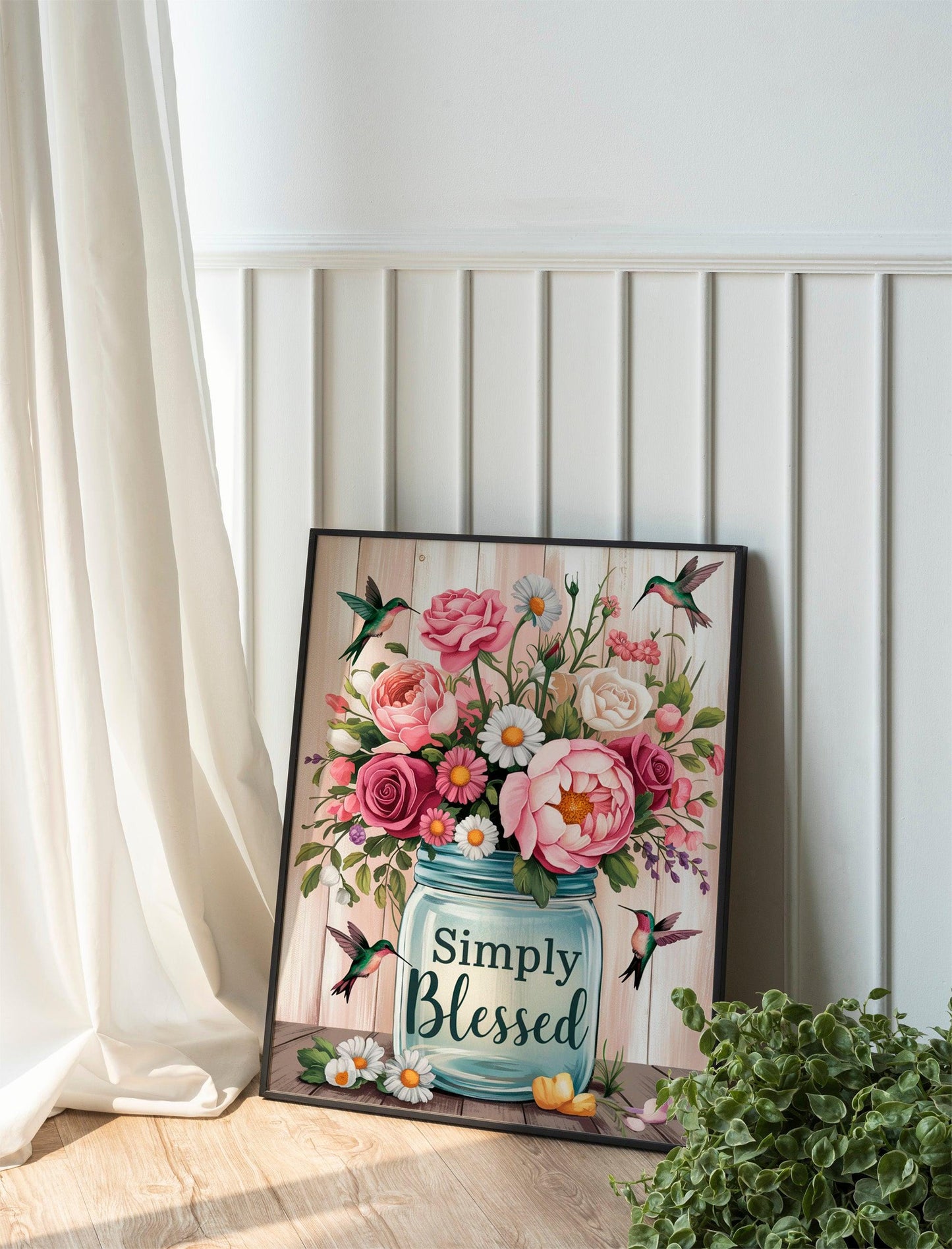 Simply Blessed Flower Vase Wall Art with Cute Birds, Cheerful Home Decor, NatureInspired Artwork, Uplifting Room Decor, Inspirational Gift