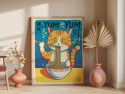 Japanese Cat Ramen Poster, Retro Kitchen Art, Vintage Noodle Decor, Quirky Wall Art for Cat Lovers.