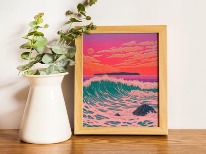 Japandi Decor, Ocean Poster Japanese Poster, Woodblock Art, Kawase Hasui Illustration, Sunset Wall Art
