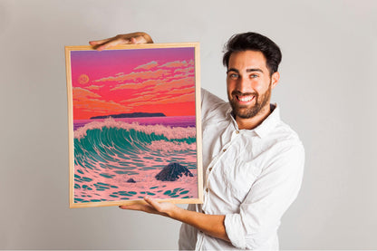 Japandi Decor, Ocean Poster Japanese Poster, Woodblock Art, Kawase Hasui Illustration, Sunset Wall Art