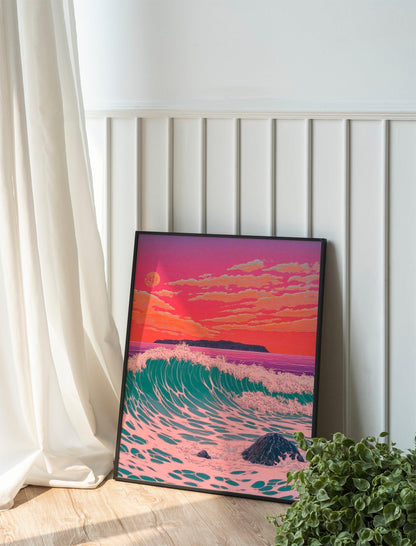 Japandi Decor, Ocean Poster Japanese Poster, Woodblock Art, Kawase Hasui Illustration, Sunset Wall Art
